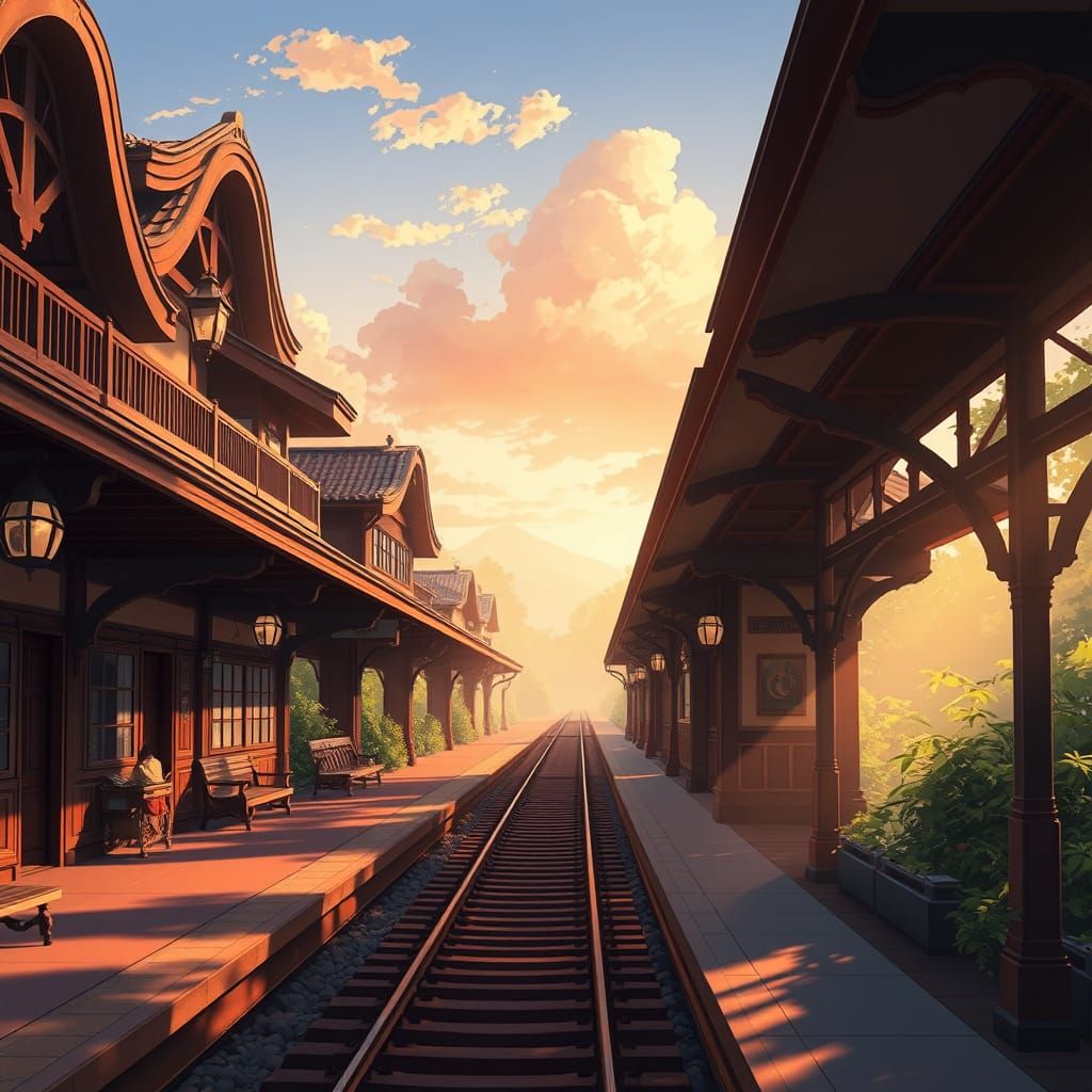 Romantic 1800s Train Station in Vibrant Anime Style
