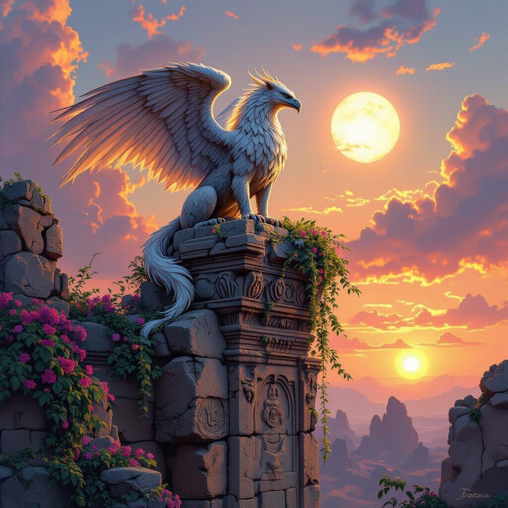Griffin Perched Atop Ancient Ruin in Airbrush Style