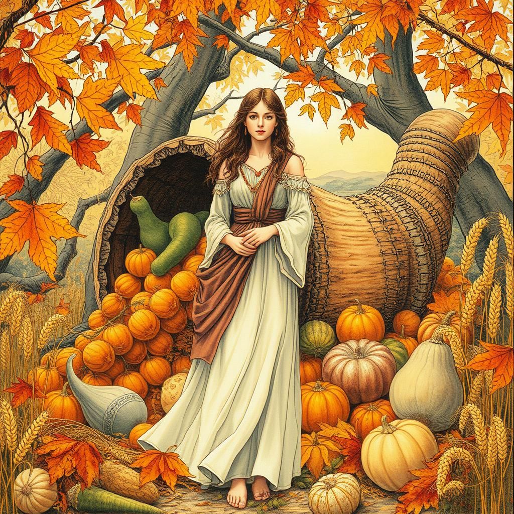 Autumn Equinox: Serene Harvest in Watercolor Style