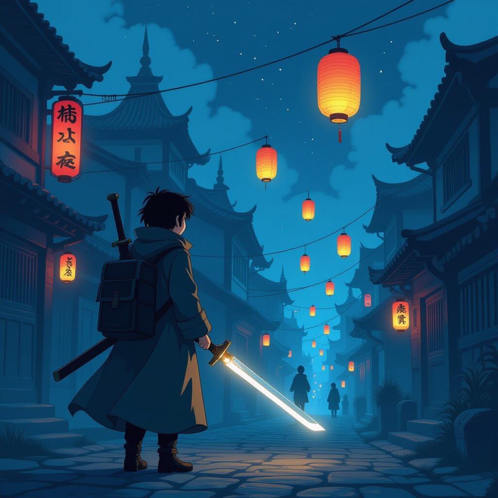 Adventurer in Dark City Confronts Lantern Spirits