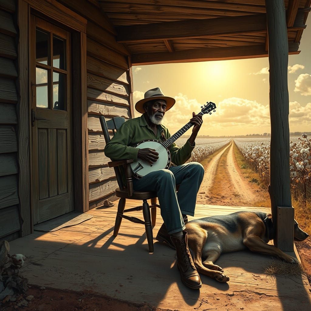 Weathered Gentleman Plays Banjo on Crumbling Porch