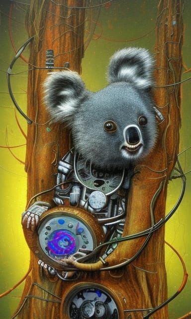Cybernetic Biopunk Koala in Clockpunk Tree