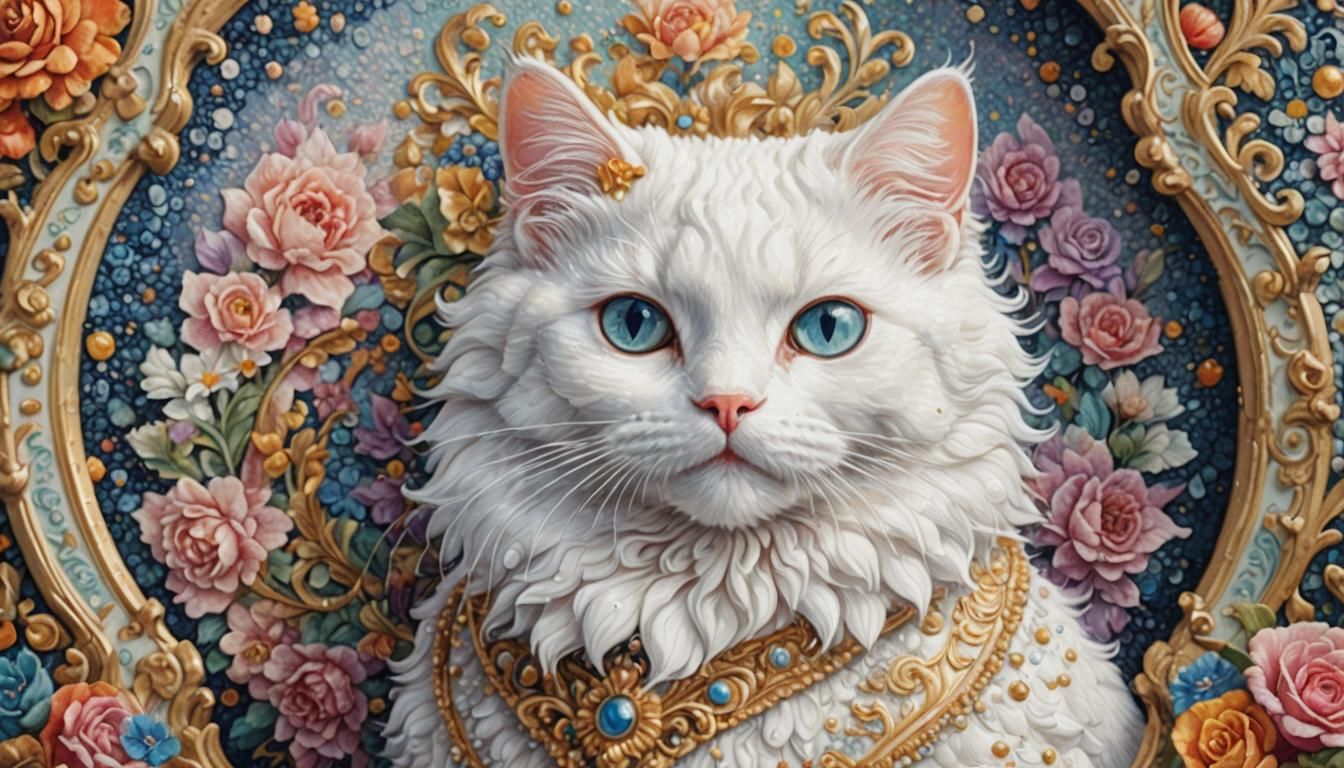 Baroque White Cat in Pointillism Pastel Painting