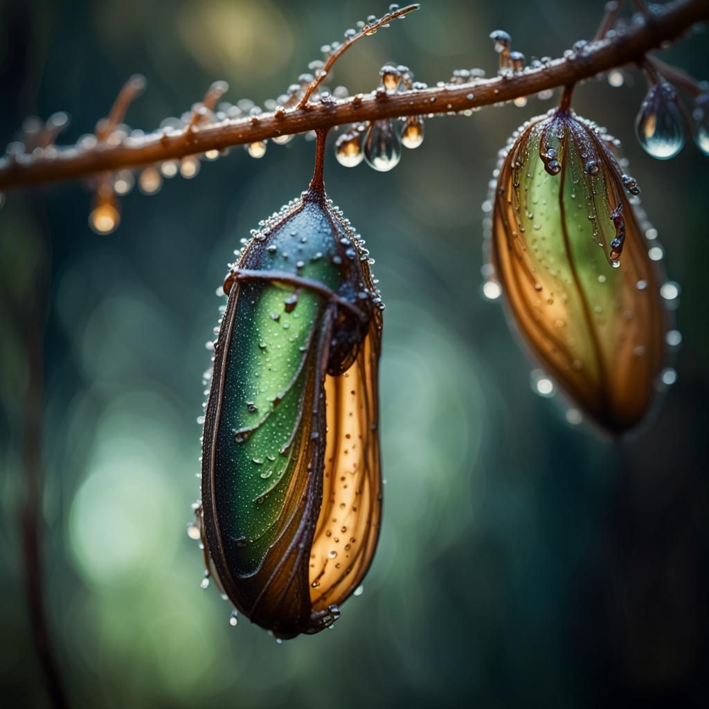 Dew-Soaked Chrysalis in Misty Forest: Macro Photography