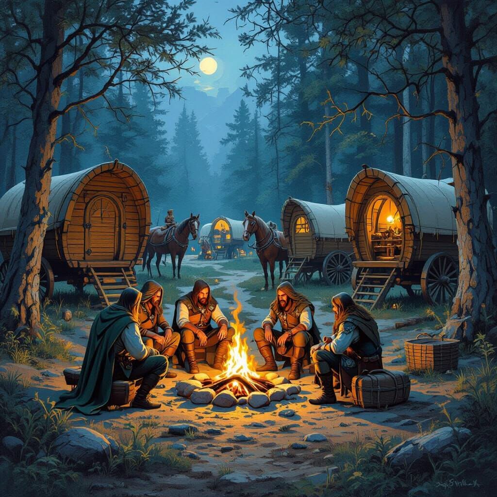 Medieval Campfire Gathering in Fantasy Forest