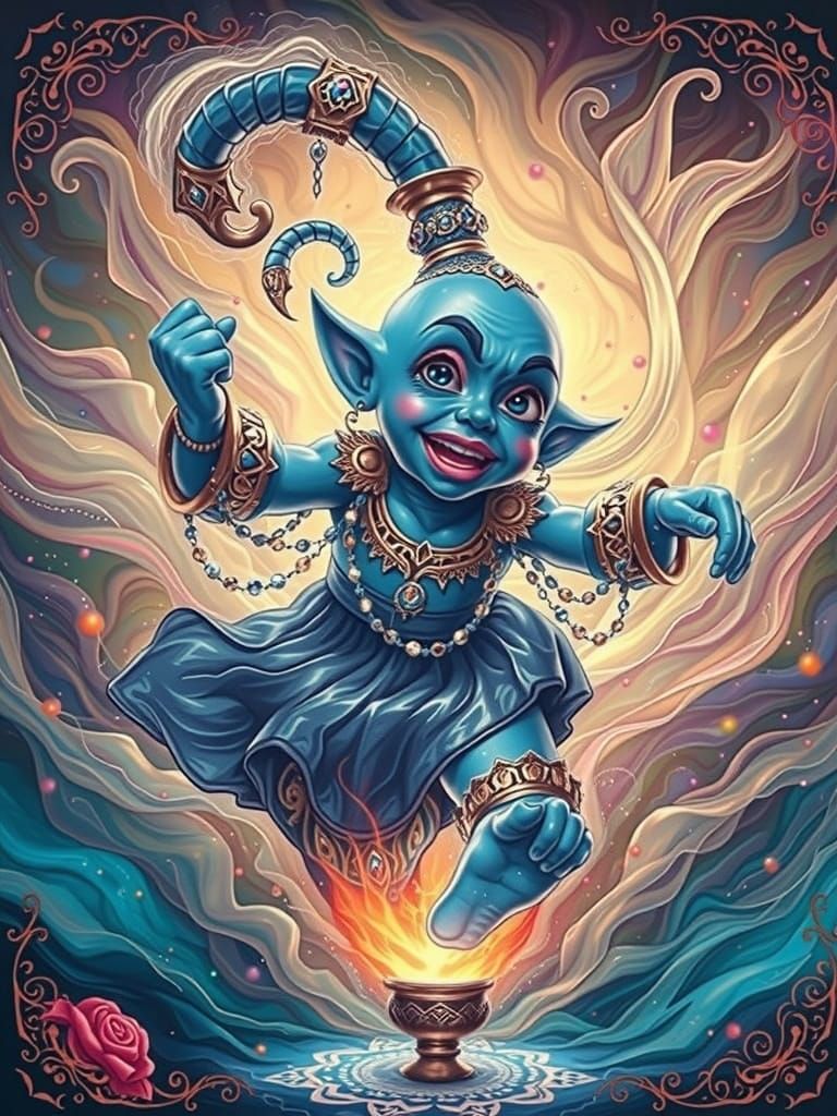 Ethereal Blue Genie Emerges in Iridescent Haze