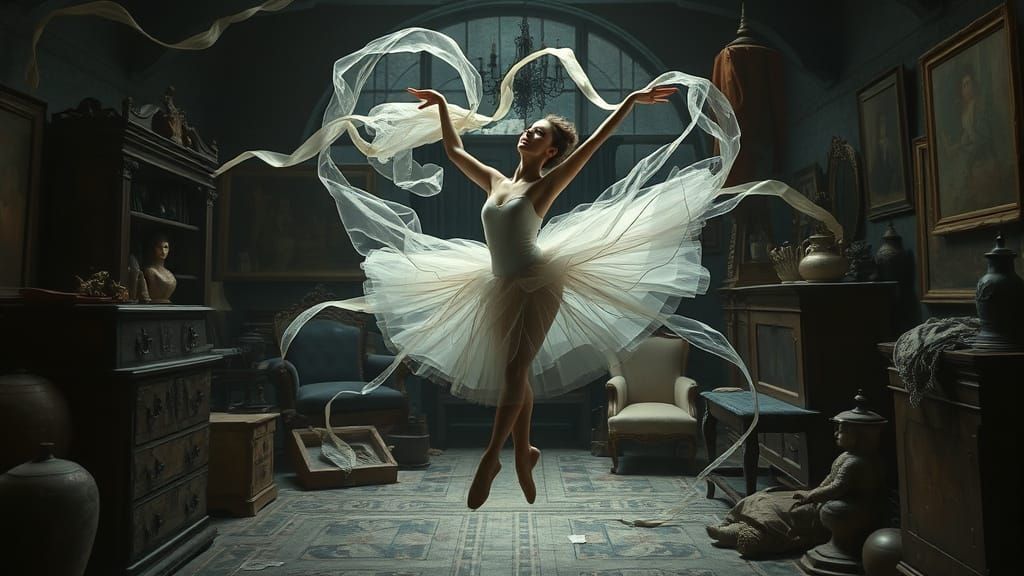 Transparent Ballet Dancer in Moody Attic Oil Painting