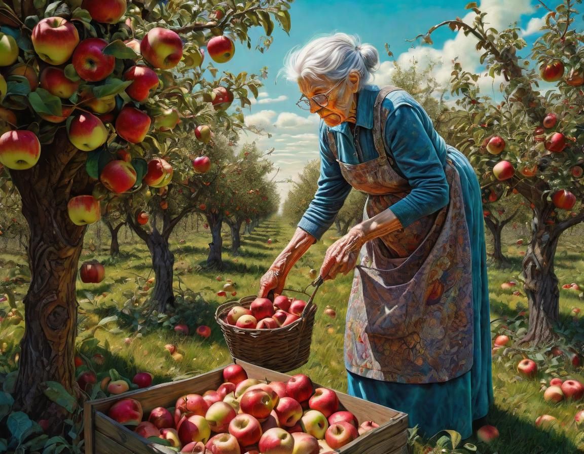 Old Woman Picking Apples in Post-Apocalyptic Garden