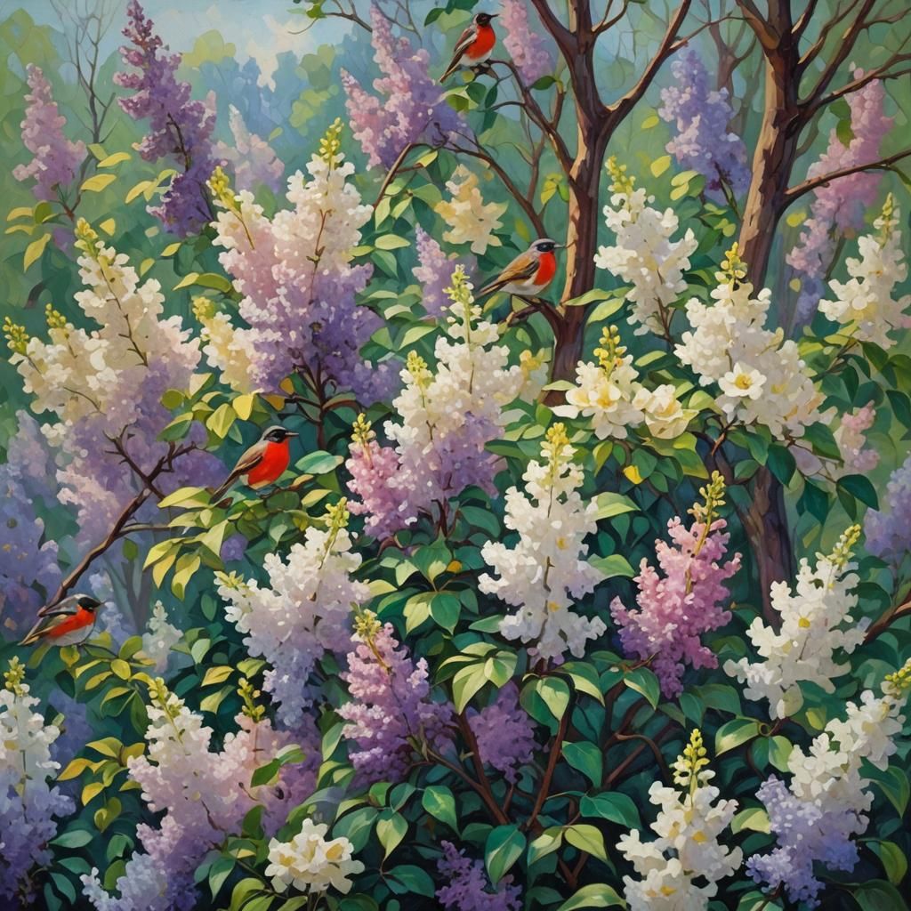 Colorful Expressionist Garden with Roses and Lilies