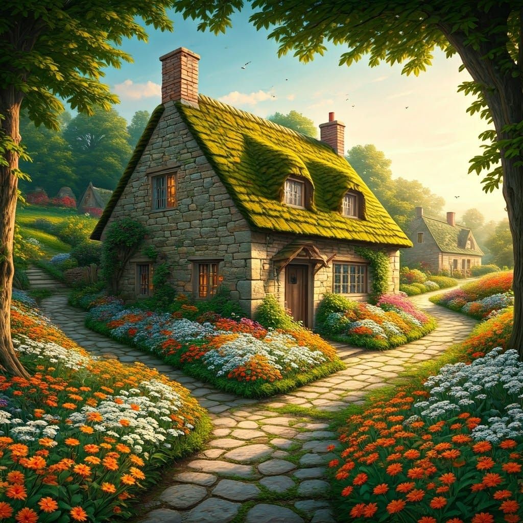 Rustic Stone Country House in Vibrant Floral Garden