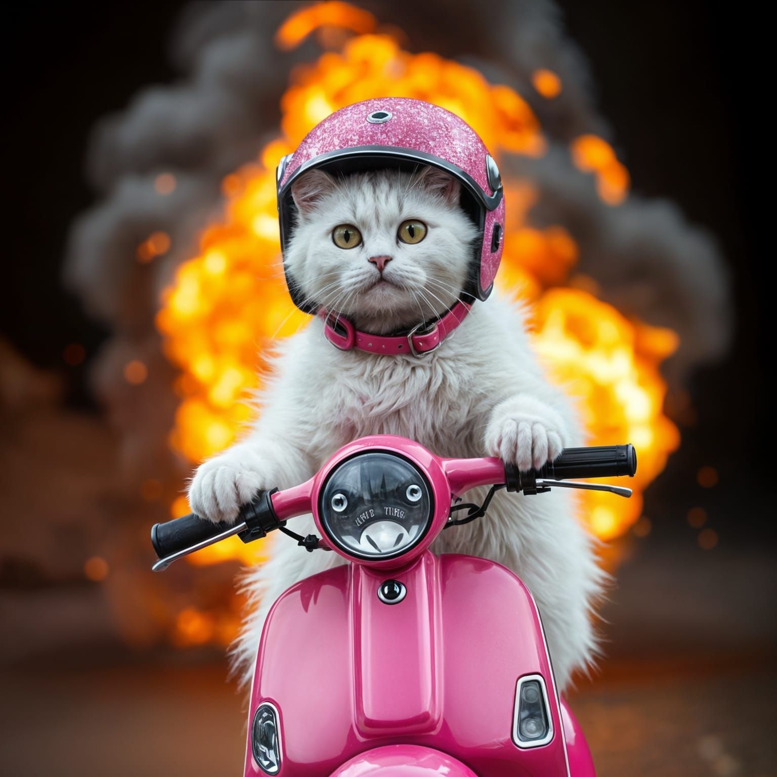 Cat on Scooter Escaping Explosion in Glitter Style