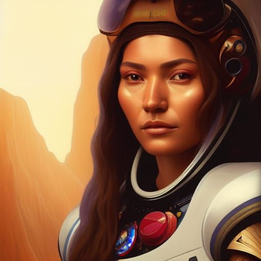 Mayan Woman in Astronaut Suit, Art Nouveau Portrait