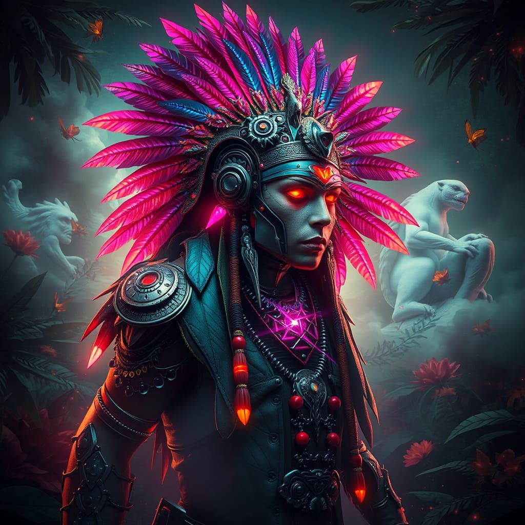 Cyborg Indigenous Warrior in Cyberpunk Style