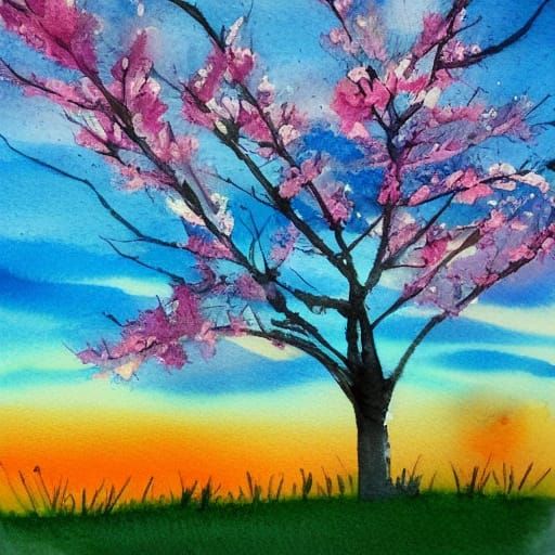 Blossom Tree Sunset in Splashy Ink Watercolour