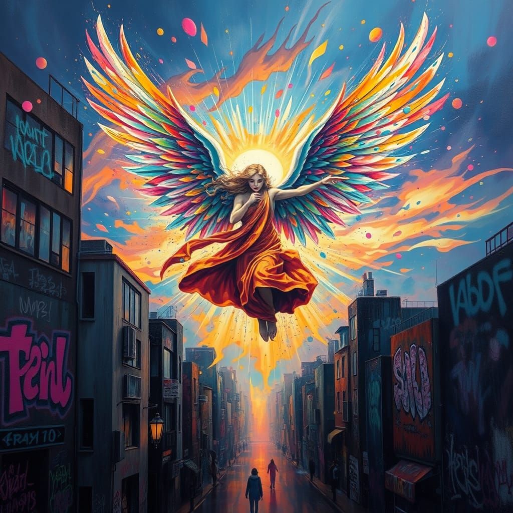 Majestic Angel in Flight: Fusion of Splash Art and Street Ar...