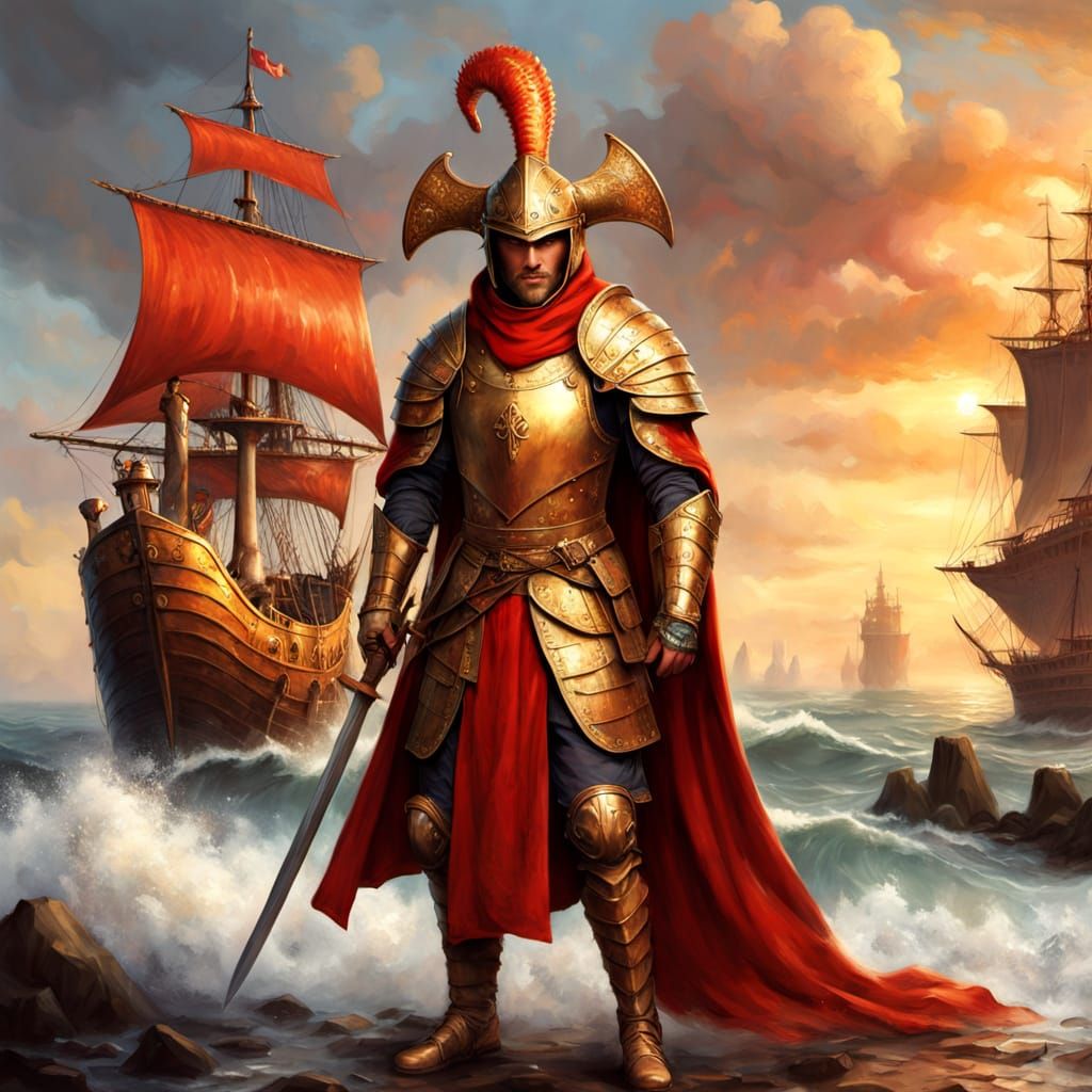 Medieval Warrior Sails on a Vibrant Cog Ship