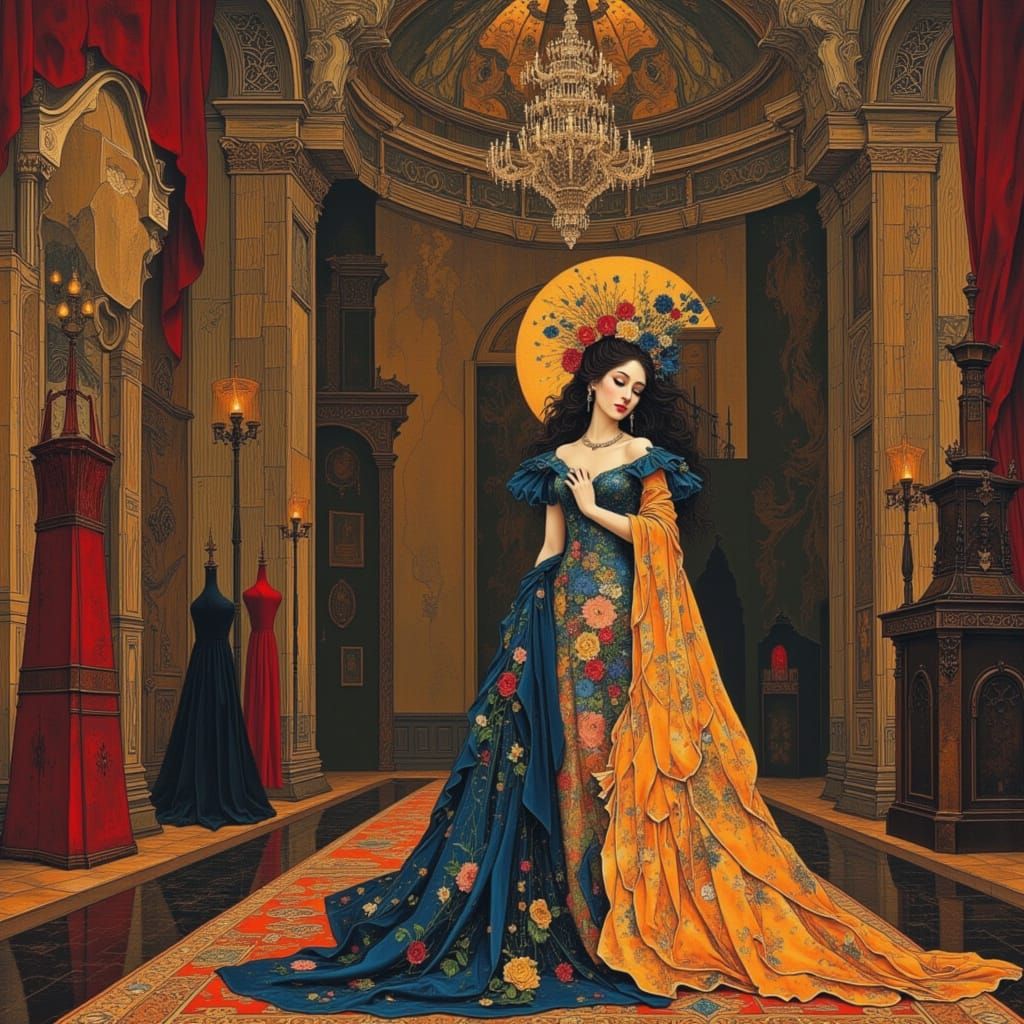 Elegant Woman in Ballroom, Art Nouveau Style