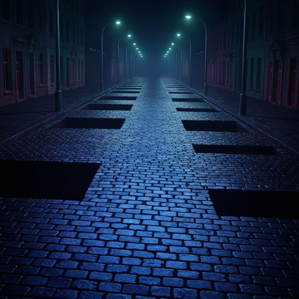 Neon Glow Cobblestone Street in Dreamlike Surreal Style