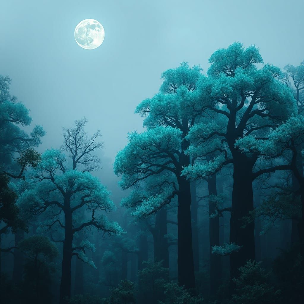 Turquoise Forest Under Mythical Moonlight
