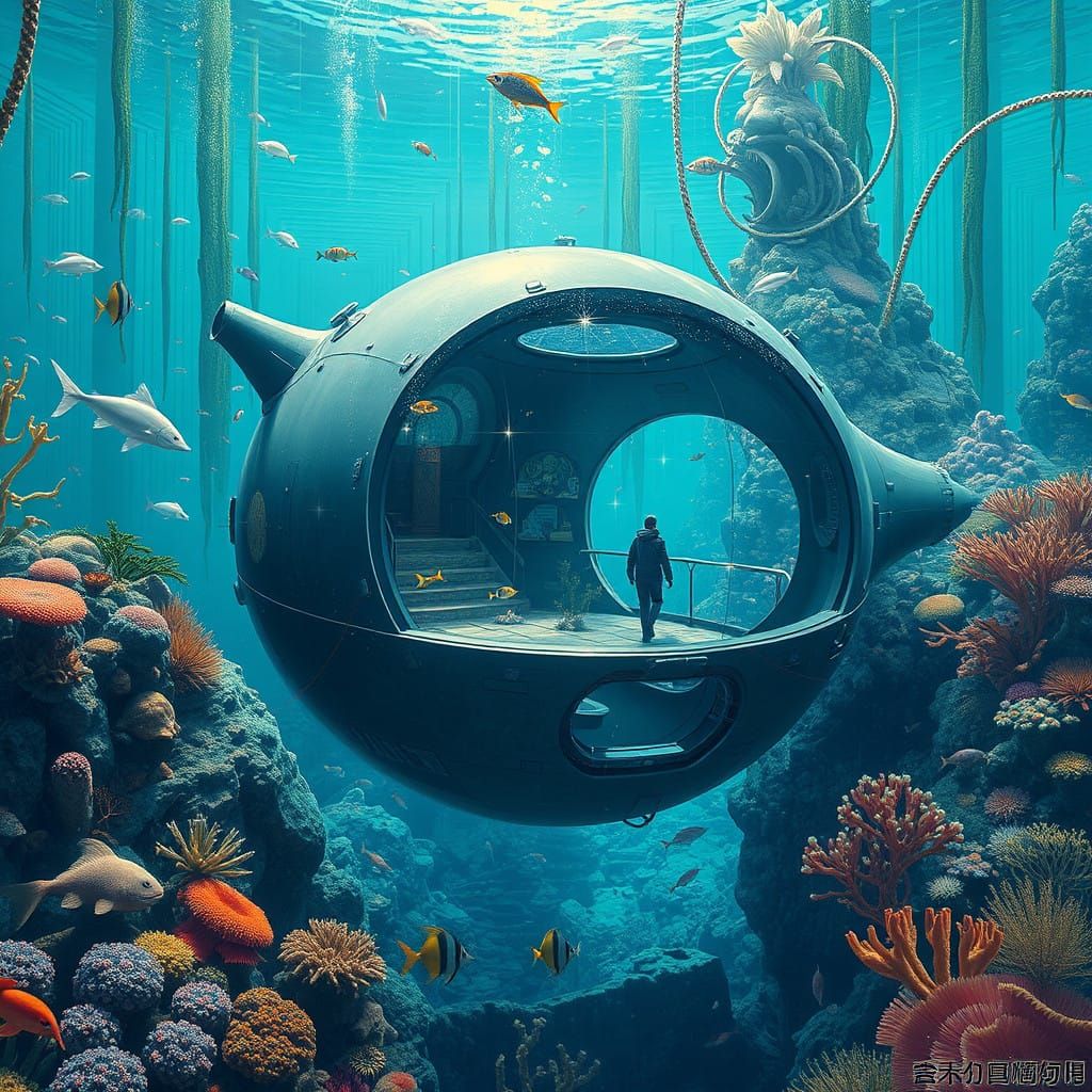 Surreal Future Ocean Habitat Immersed in a Whimsical Marine....
