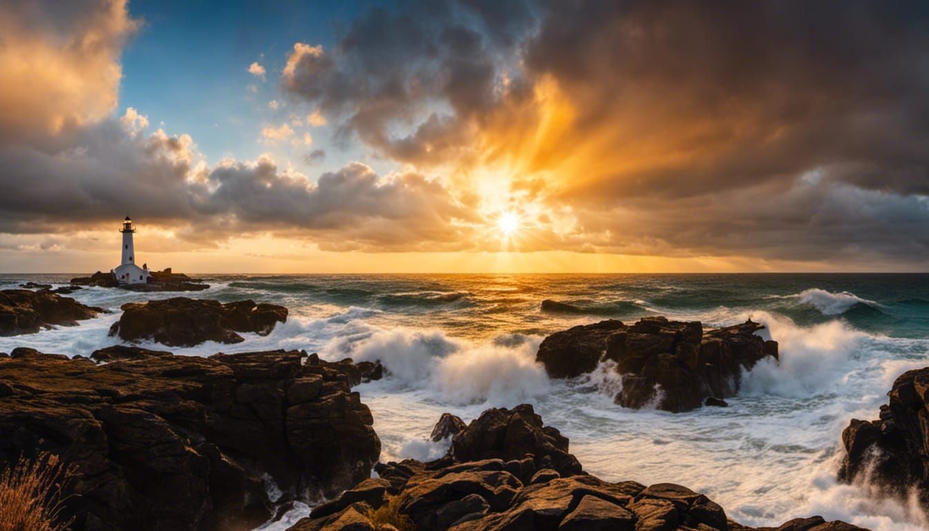 Magnificent Seascape with Crashing Waves and Sunset