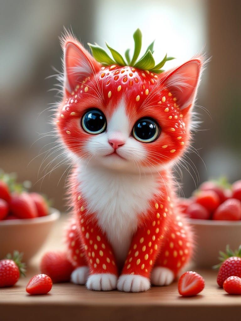 Vibrant Strawberry Kitten in Whimsical Fantasy Scene