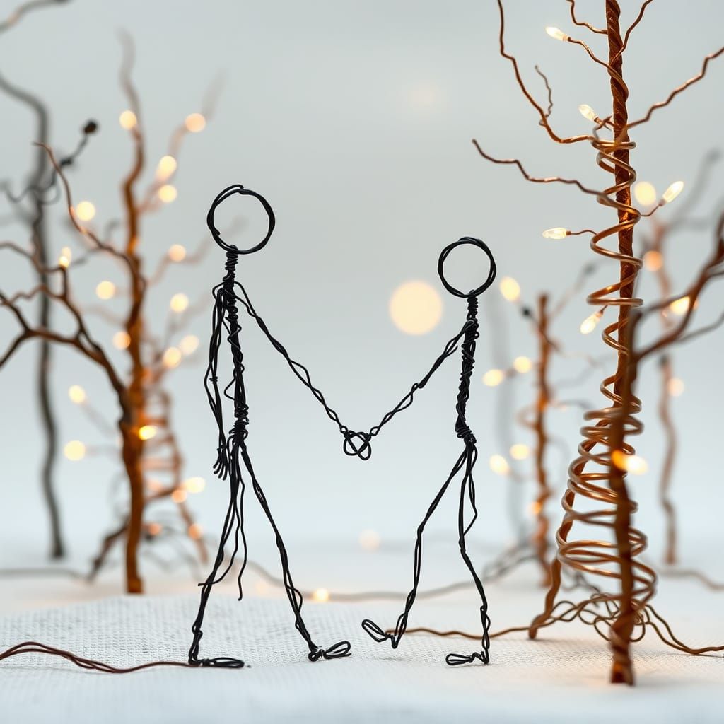 Surreal Wireframe Landscape with Stick Figures