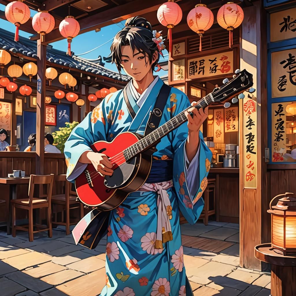 Japanese Cook Plays Banjo in Anime Manga Style