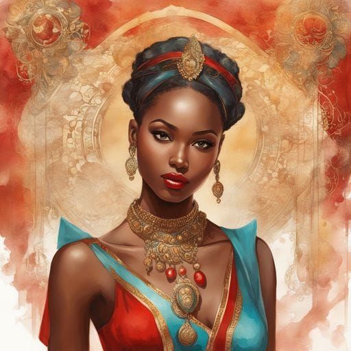 Beautiful Afro-American Girl Portrait, Watercolor Splash Art