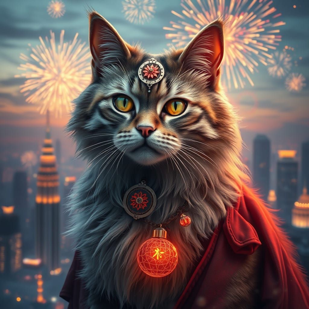 Regal Cat Amidst New Year's Cityscape