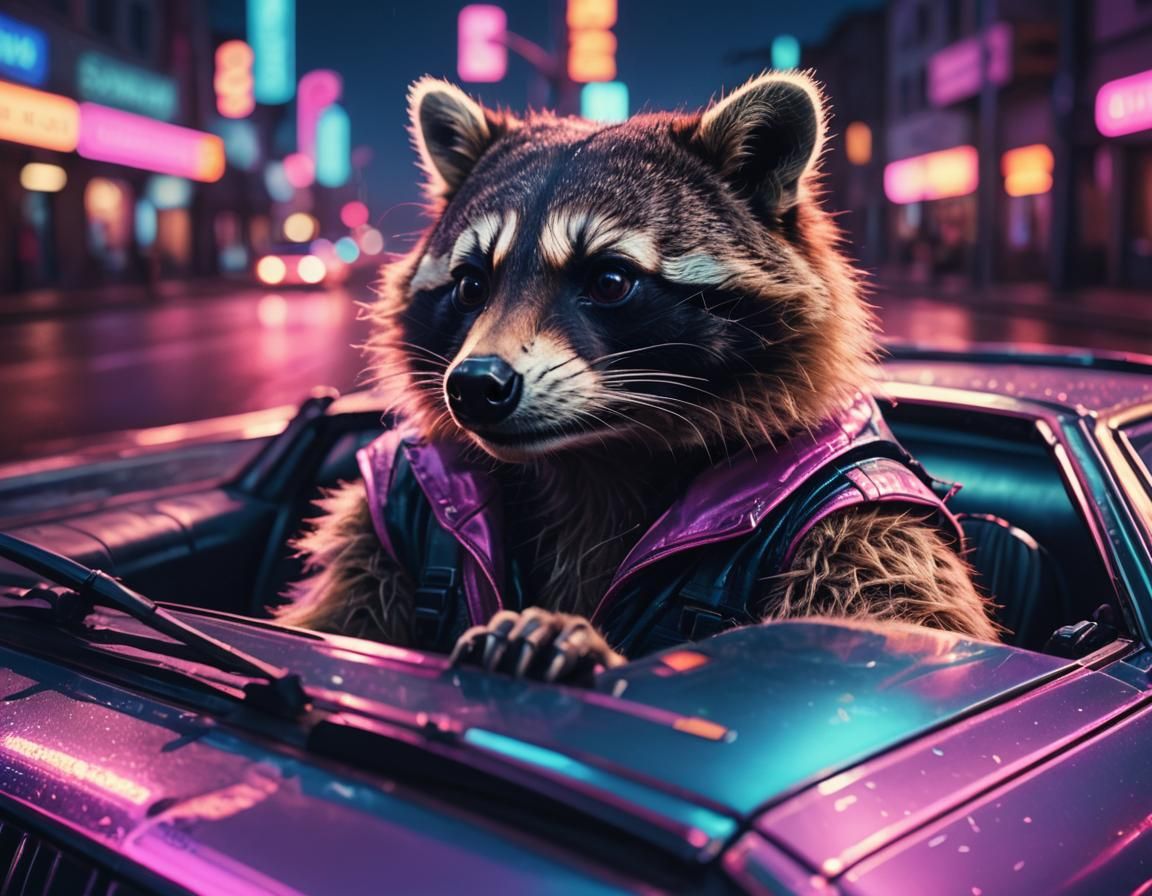 Raccoon Driving Vintage Car in Synthwave Neon Style