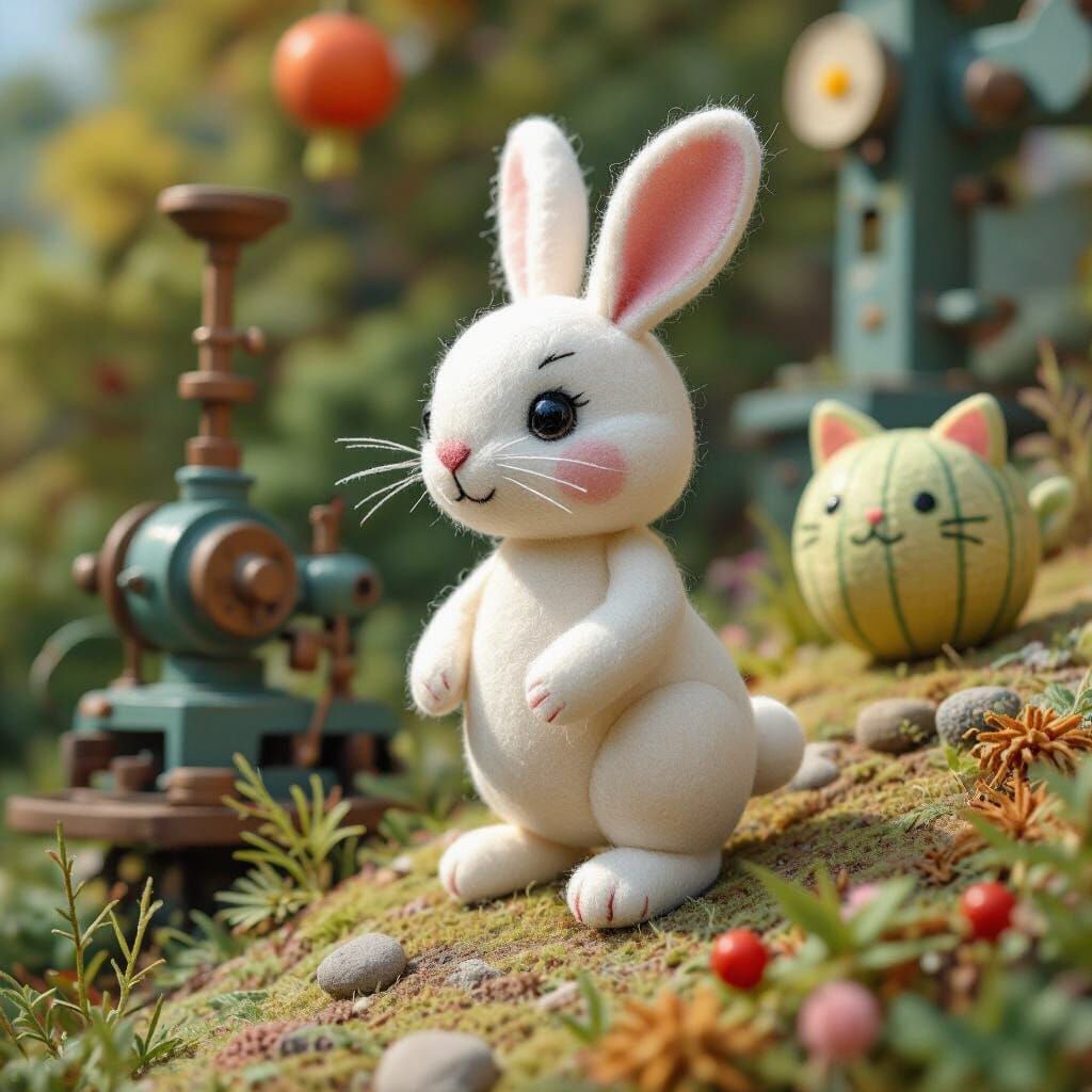 Felt Rabbit on Hill with Machinery, Ghibli Style
