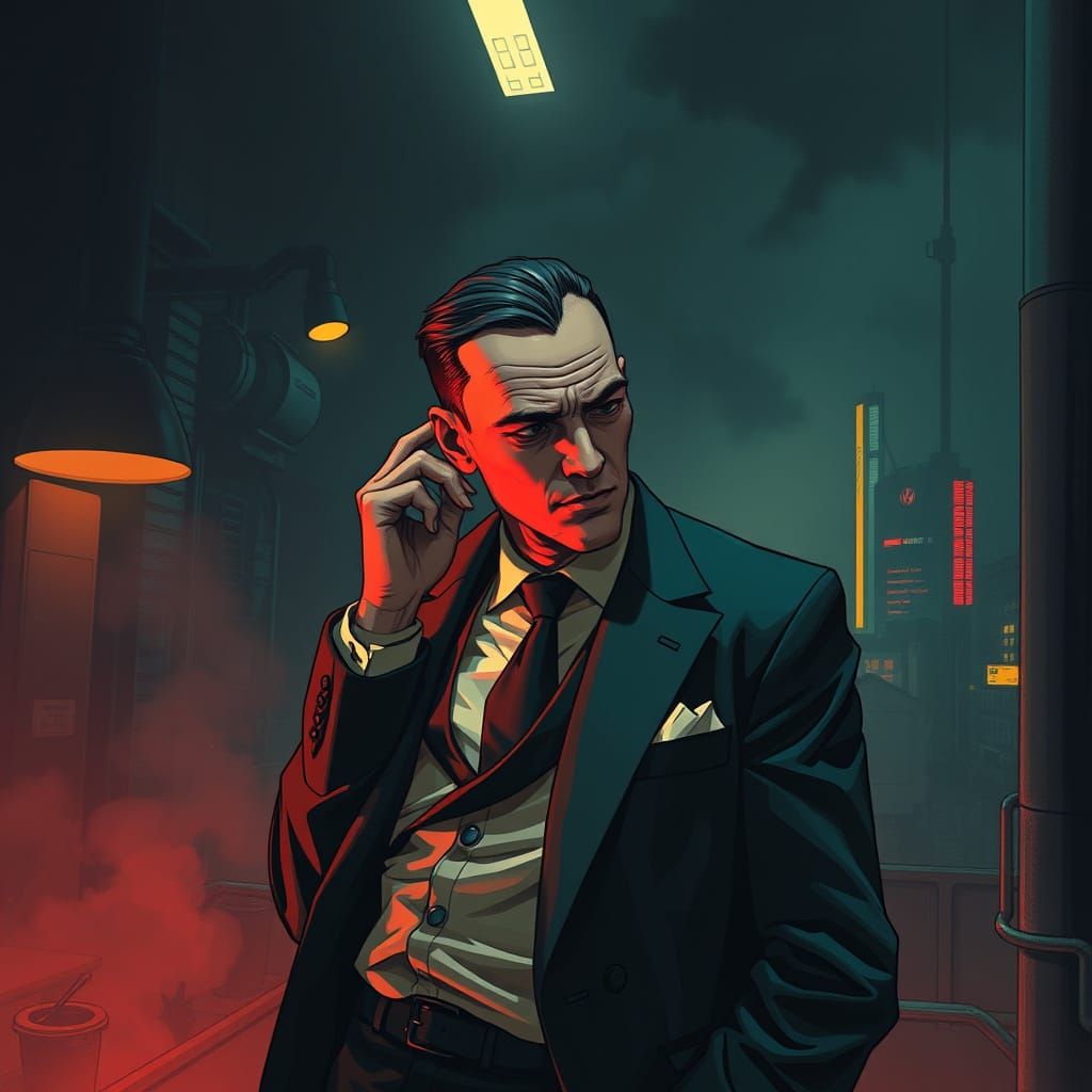 Noir Merchant Whispering in Neon-Lit Cityscape
