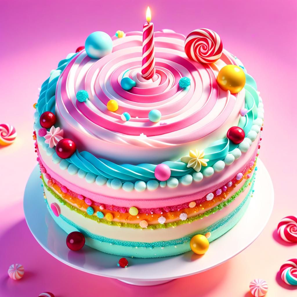 Colorful Cake with Candy Decorations in 3D Anime Style