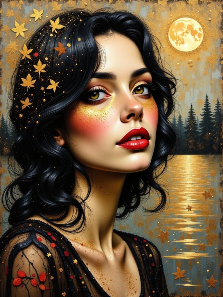 Wonderful Woman Portrait with Newspaper Moonlit Autumn Backg...