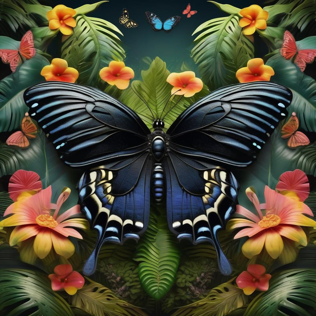 Black Butterfly in Surreal Tropical Forest