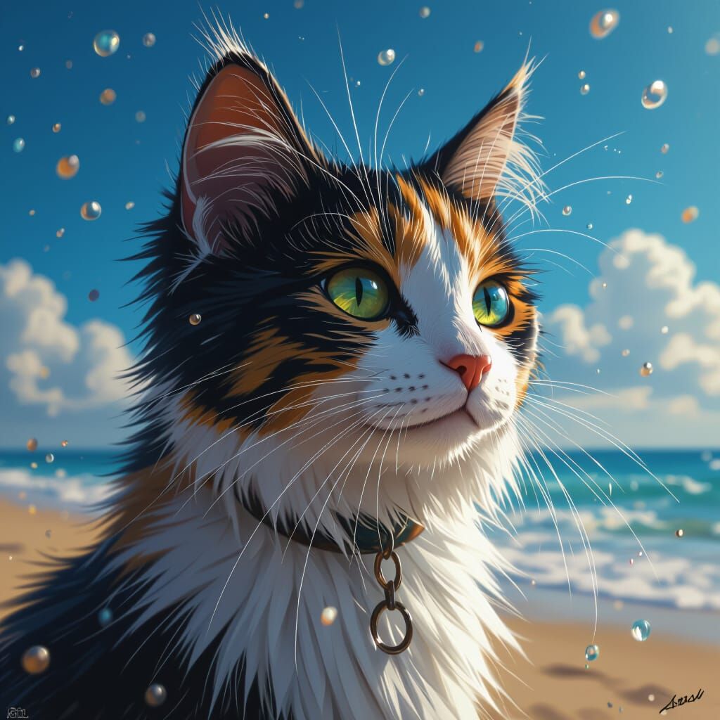 Calico Cat Portrait on Beach in Dynamic Lighting