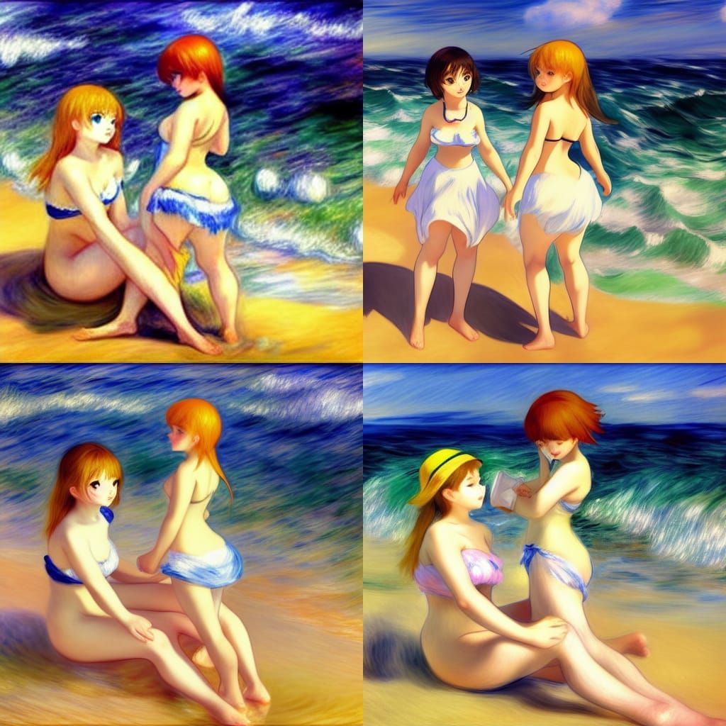 Anime Girls at Beach: Studio Ghibli-Inspired Art