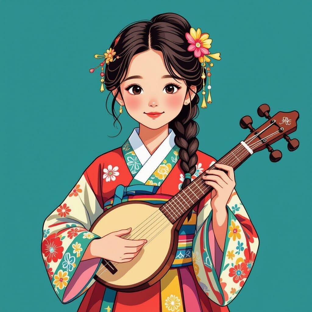 Korean Girl in Hanbok, Stylized Illustration
