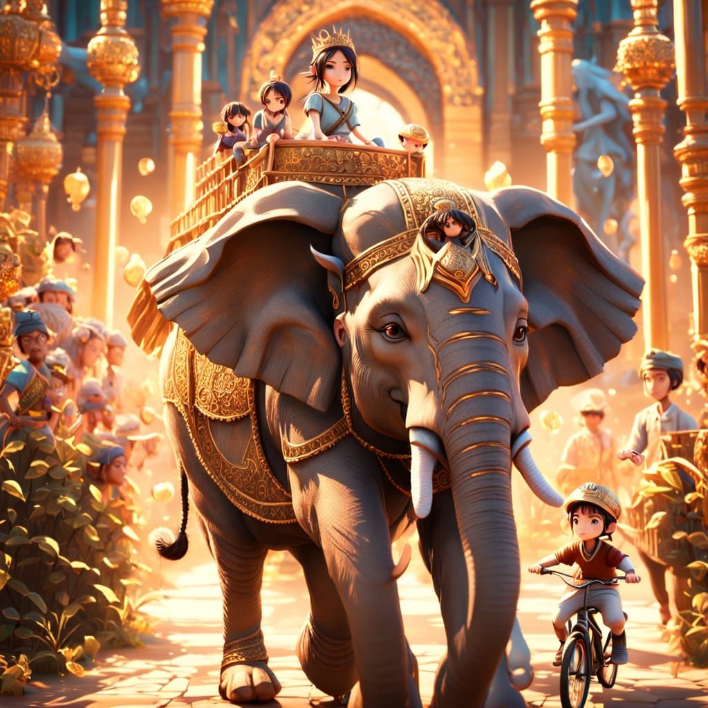 Little Princess on Elephant in 3D Anime Style