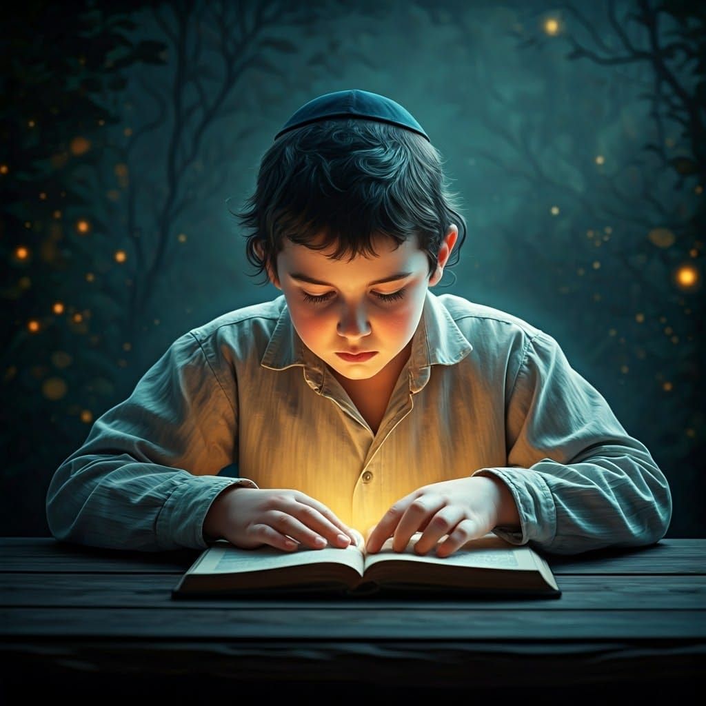 Focused Hasidic Boy Reading in Dreamy Landscape