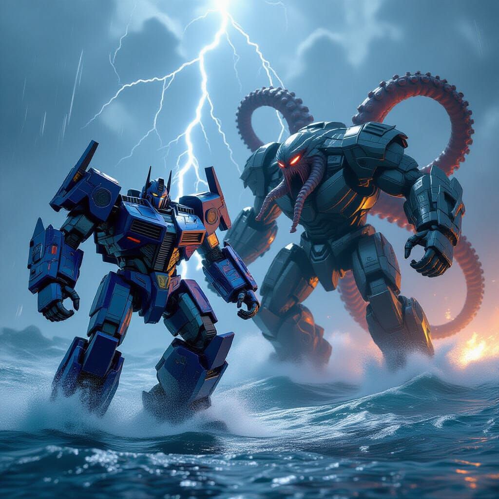 Giant Mech Fights Kraken in Stormy Seas