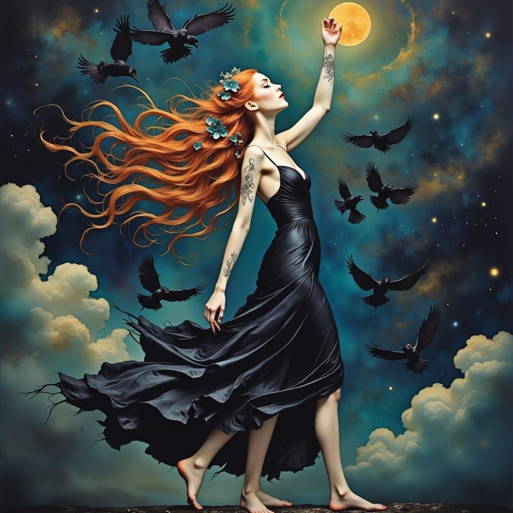 Fae Queen Dancing Under Starry Sky as Impasto Painting