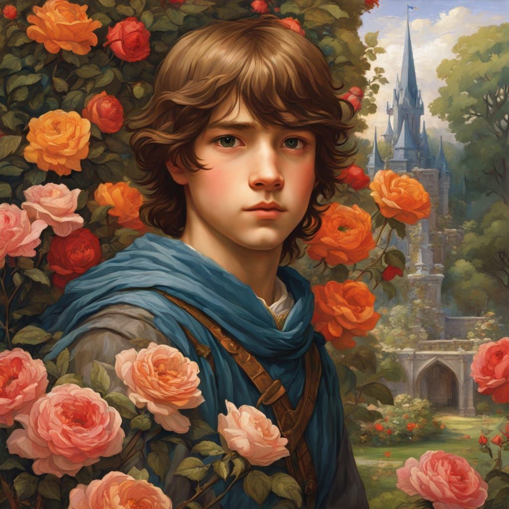 Brown-Haired Boy in Fantasy Rose Garden, Anime Style