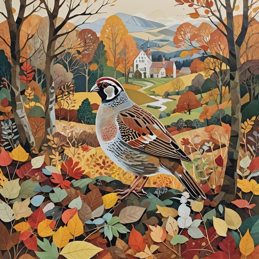 Partridge in Autumn Paper Collage Landscape