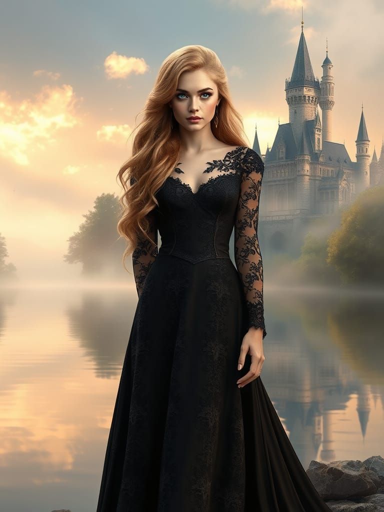 Regal Beauty Beside a Serene Lake in Mystical Whimsy