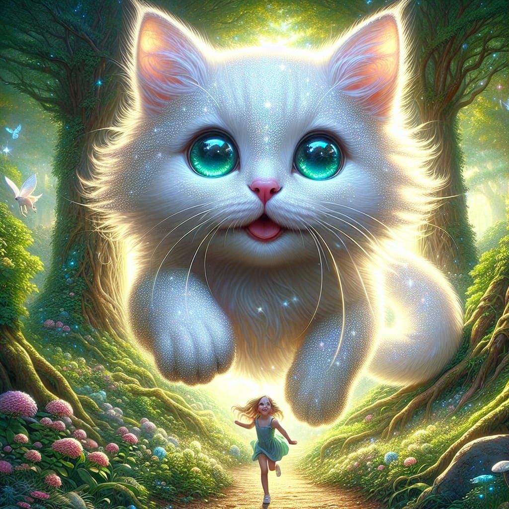 Kitten and Girl in Forest, Art Nouveau Portrait