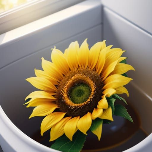 Single sunflower growing in the toilet