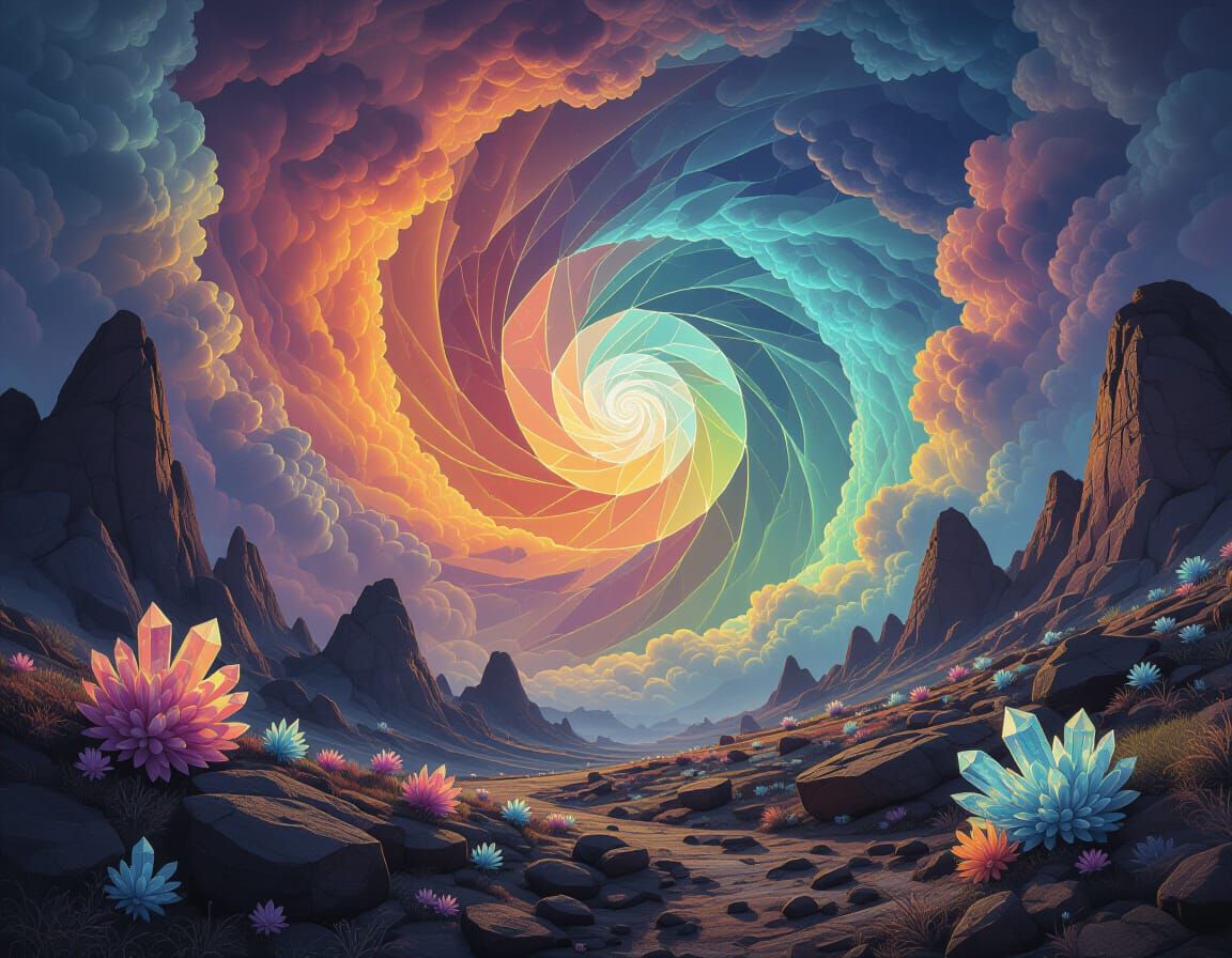 Alien Landscape with Crystalline Flora and Spiral Rocks