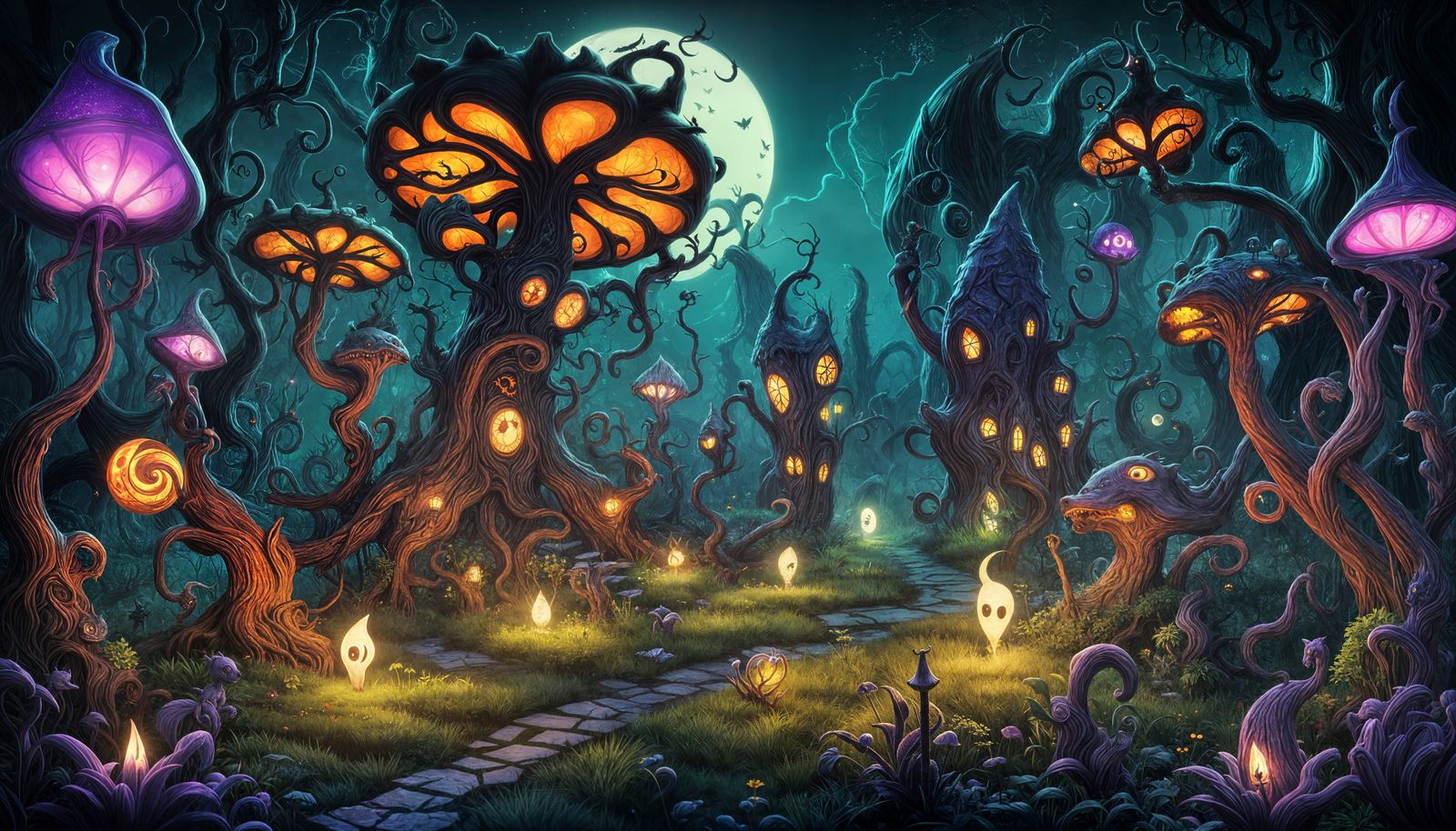 A sinister garden at night